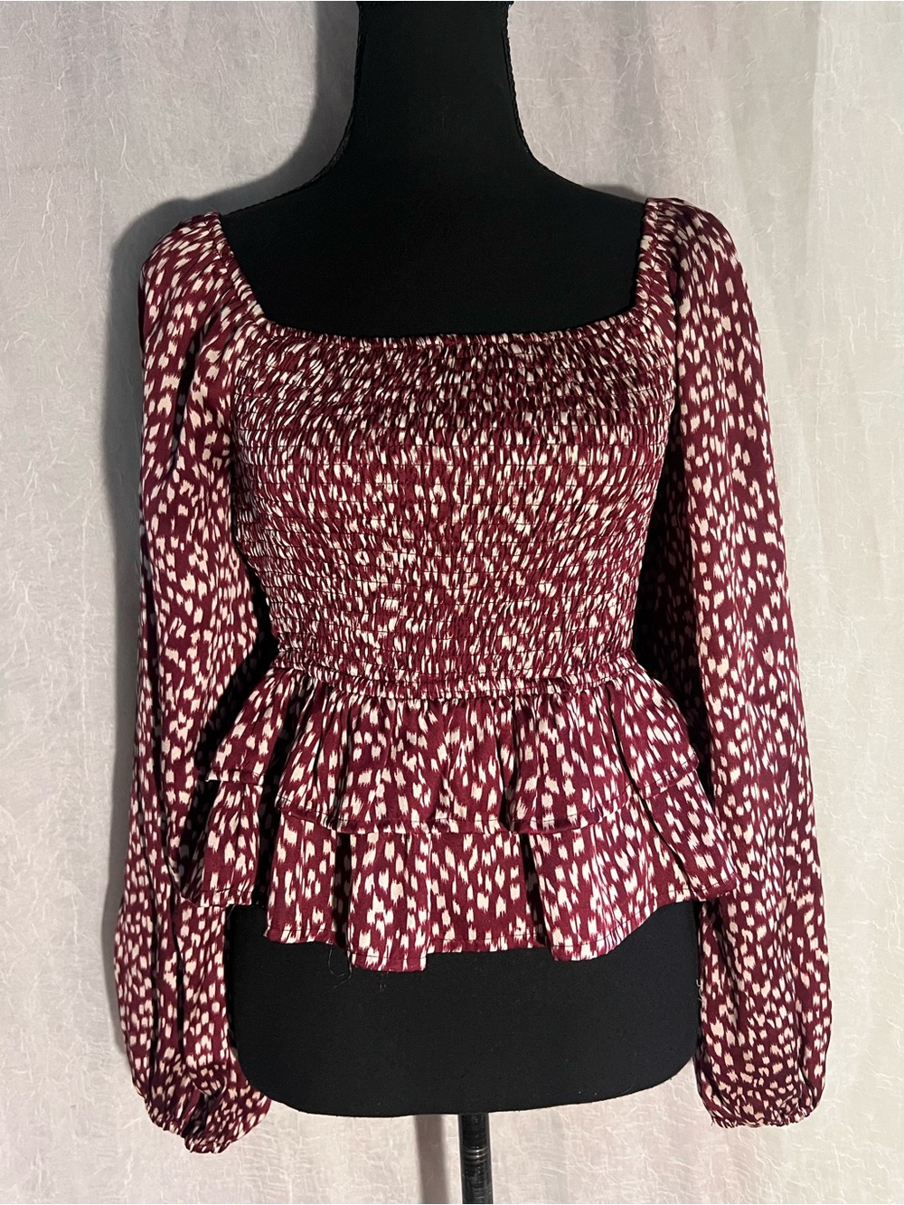 Smocked Long-Sleeve satin Peplum Top - Burgundy & cream Pattern